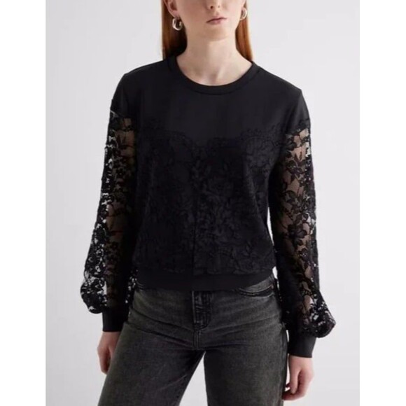 Express Women's Crewneck Lace Top, Small, Black - Picture 1 of 10